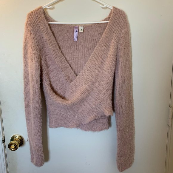 Francesca's Alya Blush Pink Fuzzy Wrap Sweater Top - Picture 3 of 7